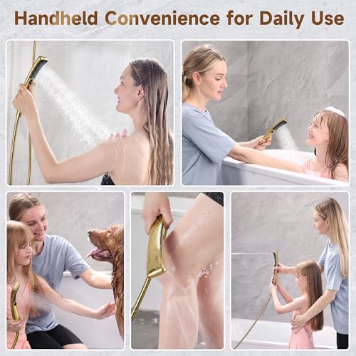 Image of BRIGHT SHOWERS Dual Shower Head with Handheld, High Pressure Rainfall Shower Head Combo, 60-Inch Stainless Steel Hose, Brushed Gold