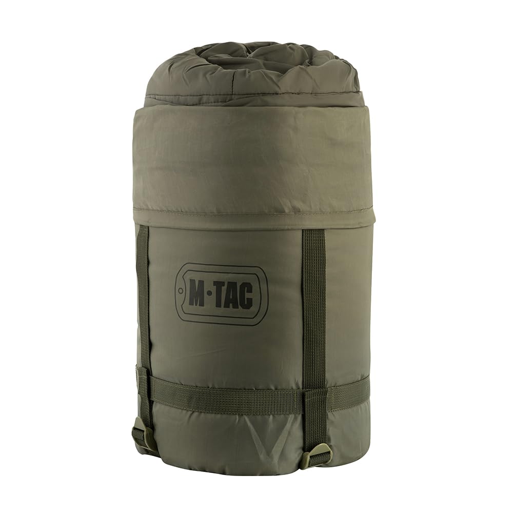 M-Tac Schlafsack Camping Tasche Olive Wasserdicht Kompressionsschlafsack mit Kapuze, Doppelreißverschluss, Komforttemperatur -5 / +5°C, Olive