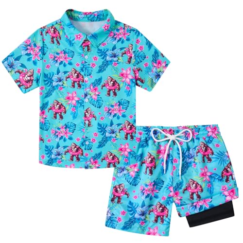 Image of UNICOMIDEA Boys Hawaiian Outfits Tropical Print Button Down Shirt + Swim Trunks 2 Piece Sets for 5-12T Kids