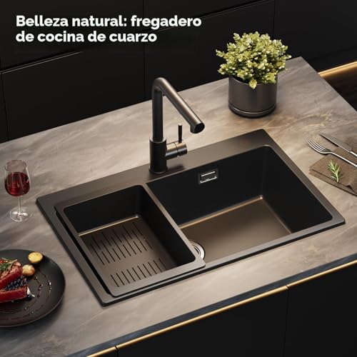Miniatura 9 de Sofetiy Fregadero De Granito Negro 70x45 Cm Con Grifo Mezclador Y Juego De Ducha Extraíble, Fregadero De Cocina Rectangular Para Mueble Bajo De 70 Cm, Fregadero De Cocina Con Accesorios De Drenaje