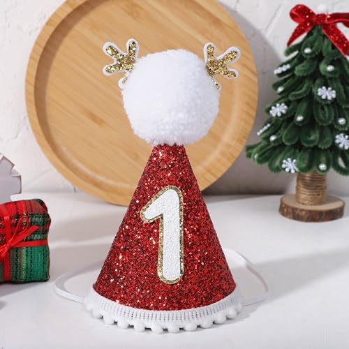 Agkvw Christmas Red Reindeer 1st Birthday Hat - My 1st Christmas Birthday Hat, Winter Holiday First Bday Decoration for Kids, New Year Party Hat, Cake Smash Props