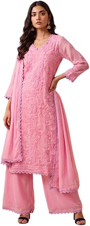 Indya Peach Chikankari Embroidery Work Georgette Kurta Set for Festive | Long Sleeve | Crew Neck | Salwar Kameez