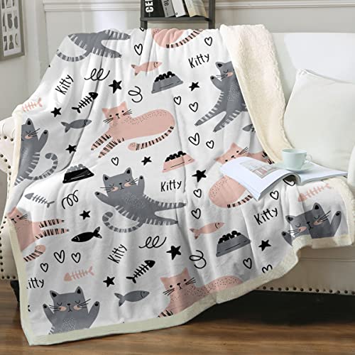 Sleepwish Pink and Gray Cat Fleece Blanket for Girls Women, Cute Cats with Fish Bones...