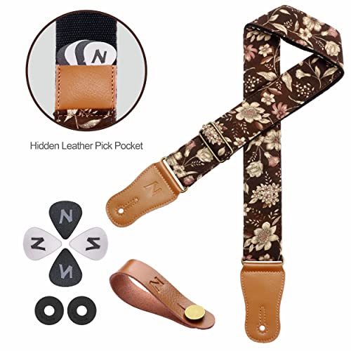Nefelibata Japanese Cotton Guitar Strap For Acoustic Guitar, Ukulele, Free Headstock Strap Adapter With Buckle, Guitar Picks And Strap Lock(Pomegranate Flower) #TOP5