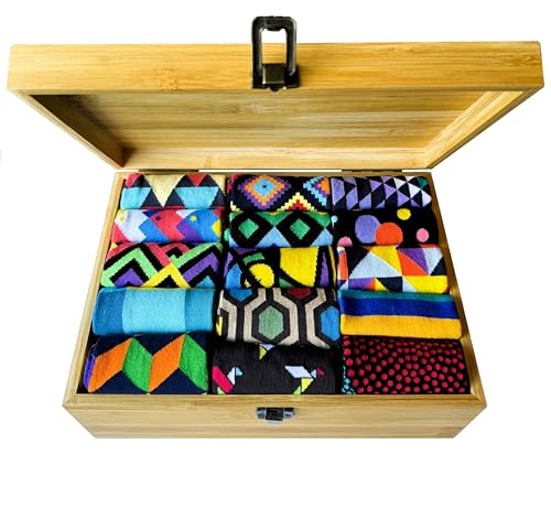 JNRB Men's/Women's Cotton Colorful Crew Dress Socks Geometric Pattern Engraved Gift Box, Size S-M or L-XL 15pack or 18pack2