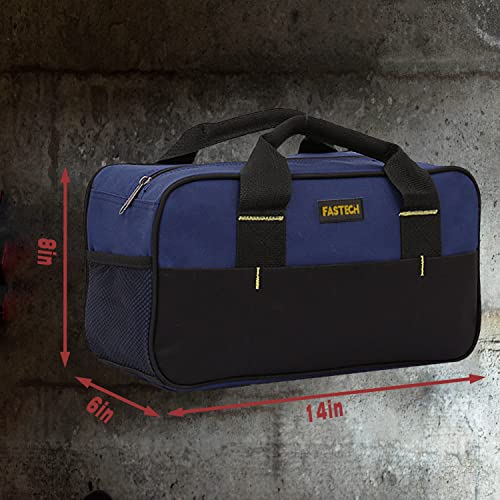 Fastech 14 Inch Small Tool Bag,Wide Mouth Tool Tote Bag,Waterproof Tool Organizer Bag,Electricians Repairman Tools Tote Bag Double Fabric Storage Bag (Blue) #TOP1