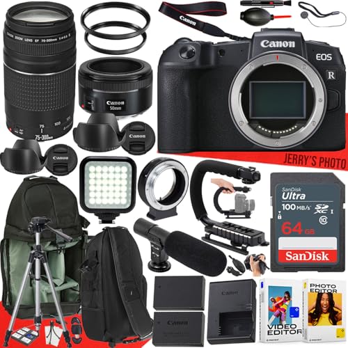 Canon EOS RP Mirrorless Camera with Canon EF 50mm f/1.8 STM and EF 75-300mm f/4-5.6 III Lens + 64 GB Memory + Video LED Light + Mic + Mount Adapter for Canon R + More (32pc Bundle) (Renewed)