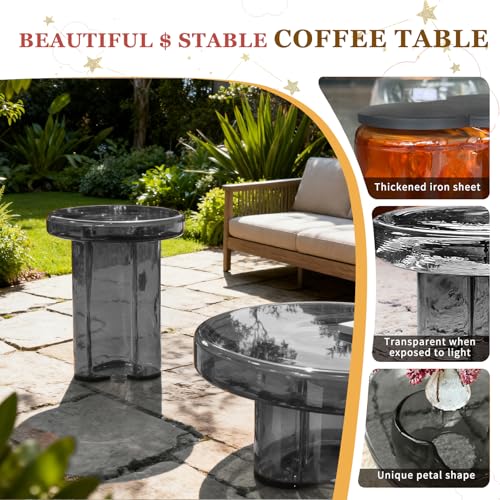 Image of Storm Glass Side Table for Living Room, Round End Table with Tempered Glass Top (Grey, 14.96)