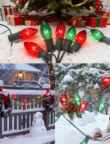 Image of 25Ft C9 Red and Green Christmas Lights Outdoor, C9 Vintage Christmas String Lights with 27 Clear Red Green Bulbs, Hanging Outdoor Christmas Lights for Backyard Prom Roofline Path Party Garden Decor