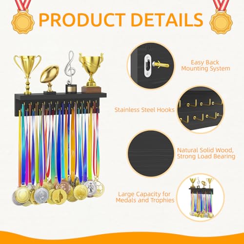 Image of Medal Hanger Display and Trophy Shelf Organizer, Wooden Wall Mount Ribbon Holder with 25 Steel Hooks, Race Awards Storage Rack Stand for Sports Enthusiasts