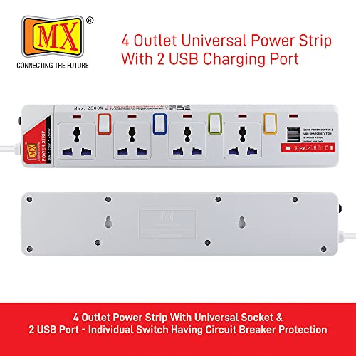 Image of MX 4-Way Power Strip with Individual Switches & LED Indicator | Spike Guard with Circuit Breaker | 2 USB Ports 5V 2.1A | Child Safety Shutter, 3M Cord