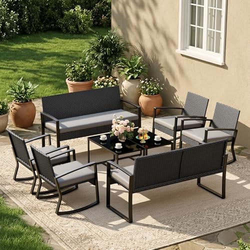 Image of Ahomly 8 Piece Wicker Patio Furniture Set with Rocking Chairs, Grey
