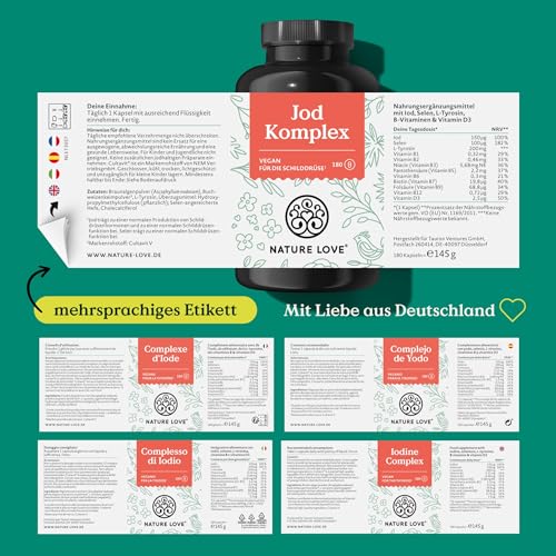 NATURE LOVE® Jod Komplex für die Schilddrüse - 180 Kapseln - mit Jod, Selen, L-Tyrosin, Vitamin B & D - Alternative zu Jod Tabletten - 6 Monate Reichweite - hochdosiert, vegan & laborgeprüft