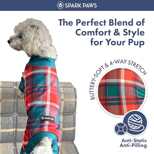 Image of Spark Paws Dog Christmas Pajama, Dog Recovery Suit Male, Onesie, Ultra-Soft and 4-Way Stretch, for Small Medium and Large Breeds - Green and Red Plaid - 4XL