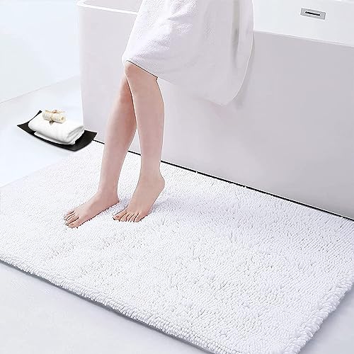 Smiry Luxury Chenille Bathroom Rugs 44x24, Extra Soft and Absorbent Shaggy Bath Mat, Machine Washable, Non-Slip Plush Carpet Runner for Tub, Shower, and Floor, Home Decor Accessories, White