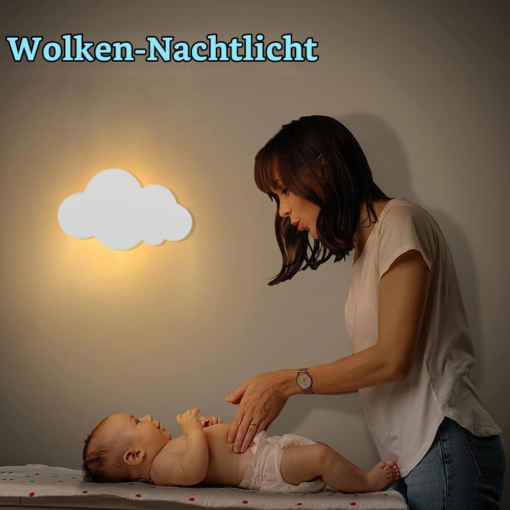 Wandleuchte mit Touch Schalter Innen Kinderzimmer Wandlampe LED 3 Farben Einstellbar Nachttischlampe Wolken Design Leselampe Wandbeleuchtung mit Stecker für Babyzimmer Schlafzimmer Wohnzimmer, Weiß