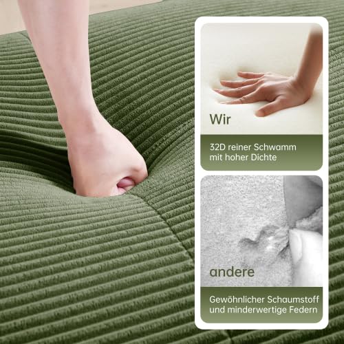 Loveseat 2-Sitzer Sofa Cord, Rahmenloses Modulares Sofa mit Armlehnen aus flauschig Stoff, rutschfest & Hohelastische Polsterung für Wohnzimmer Schlafzimmer, Grün