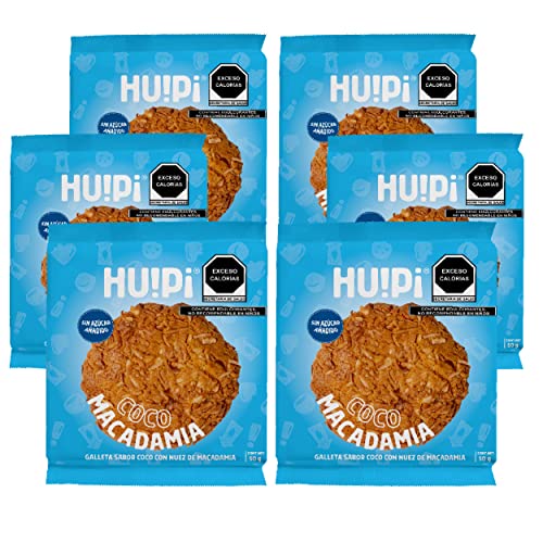 Probióticos, Huipi Galletas Coco Macadamia 300 g l Sin Azúcar Añadido l Adicionado con Fibra Prebiótica l Paquete con 6 galletas de 50 g l Snacks Saludables.