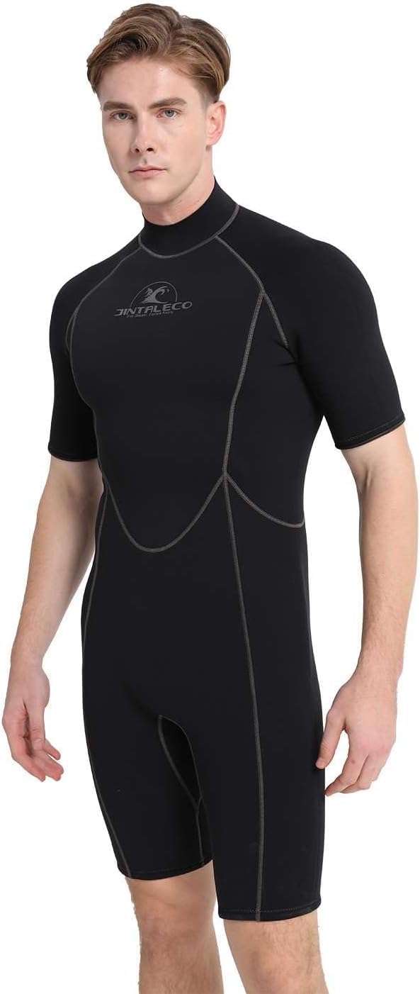 Jintaleco Mens Wetsuit, Shorty Wetsuits for Men 3/2mm Neoprene Wetsuit with Short Sleeves for Swimming, Diving and Water Sports, Back Zip Wetsuits for Temperature 12℃ & Above