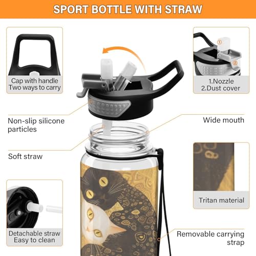Bouteille d'eau en Tritan chat blanc et noir 880ml avec paille souple pour hydratation quotidienne - 5