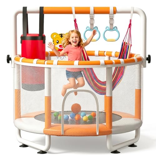KINETRA 55' Kids Indoor Trampoline with Safety Net, Adjustable Gymnastics Bar & Toys – Indoor/Outdoor Toddler Play Gym for Boys & Girls Ages 3+, Birthday Gifts (White (Powder-Coated))