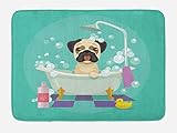 Lunarable Cartoon Bath Mat, Funny Pug Dog in Bathtub Grooming Salon Service Shampoo Rubber Duck Pets in Colorful Style Image Print, Plush Bathroom Decor Mat with Non Slip Backing, 29.5' X 17.5', Teal