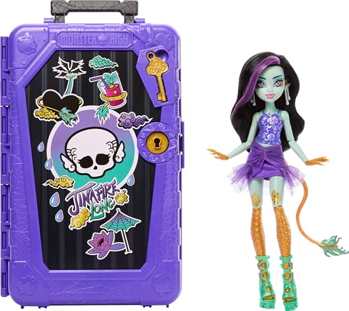 Monster High Skulltimate Secrets Jinafire Longo conjunto de pulso e acessórios Destination: Gore-geous Oasis com mala e mais de 19 surpresas, incluindo roupas, JDR52