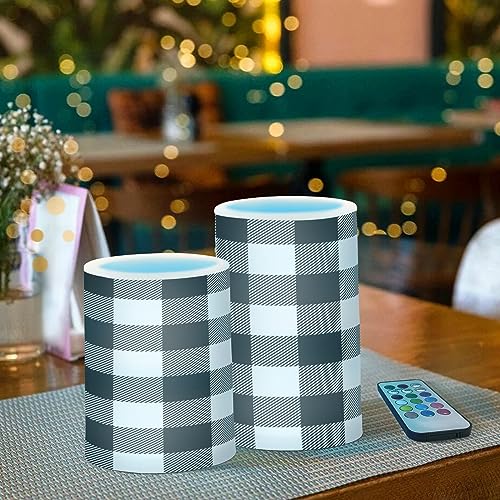 Image of YETTASBIN White Black Buffalo Plaid Flameless Candles with Remote Control and Timer, Adjustable Brightness Long Lasting Battery Operated LED Pillar Candles for Party Holiday Home Decor, 2 Pack