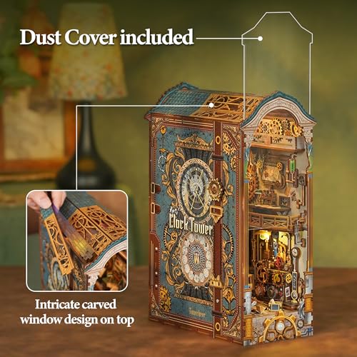 Image of Tonecheer DIY Book Nook Kit for Adults, 3D Wooden Puzzle Bookend Miniature House Kit, Booknook Bookshelf Insert Decor with Dust Cover and LED Lights Gifts (Clock Tower)
