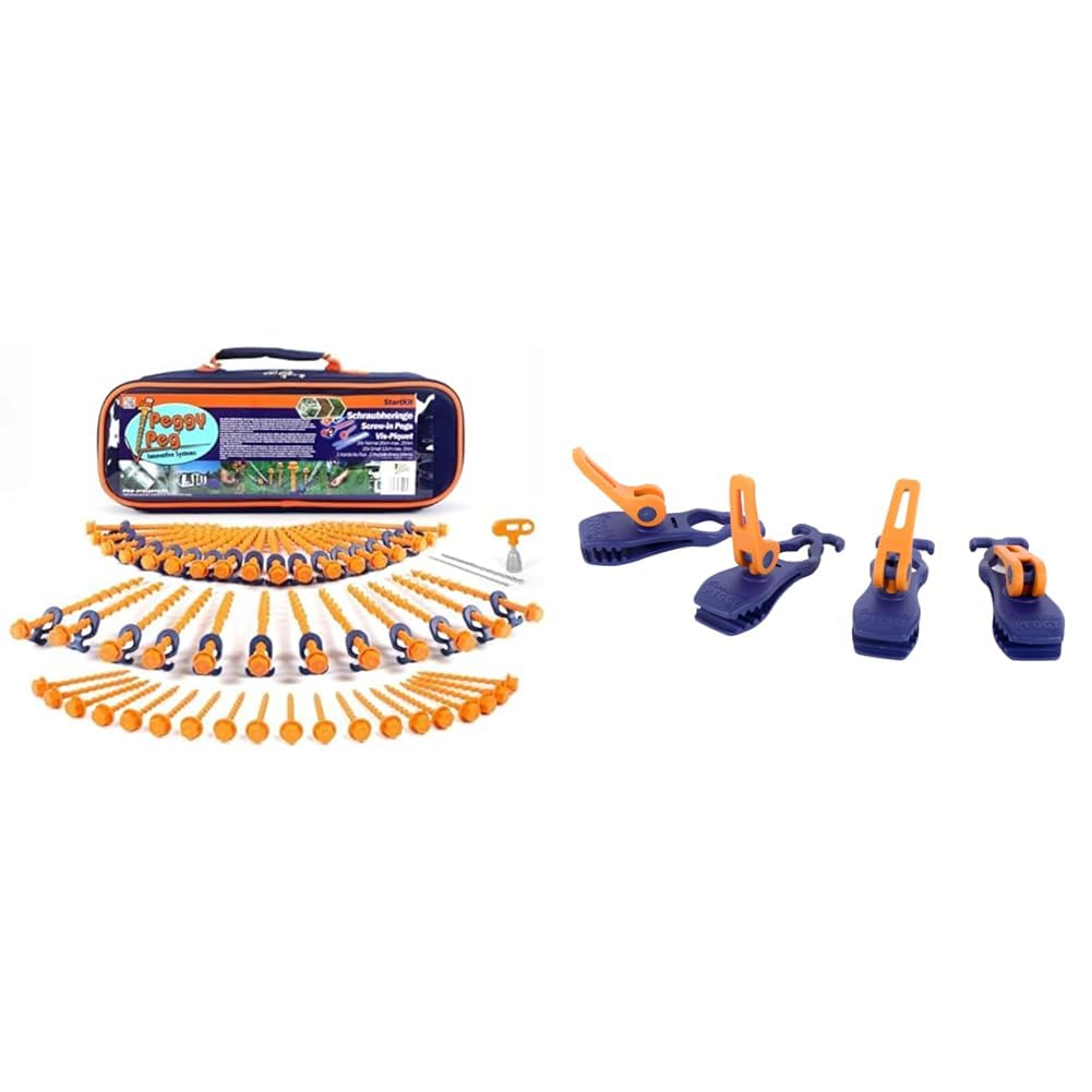 Peggy Peg – Schraubhering StartKit mit Heringen & Kombi Tool & Crocodile Peggy 4 Stück Markisenklemmen – multifunktionale Klemmen