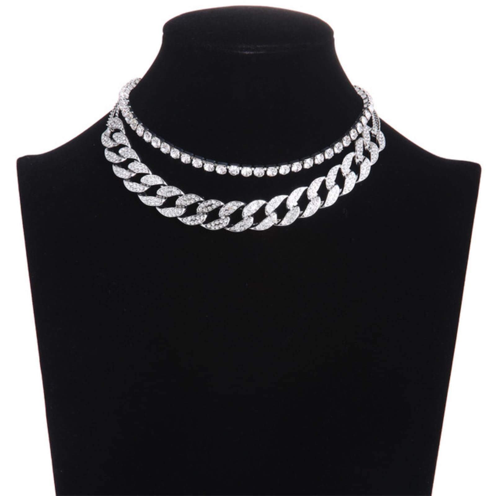 WEITING Link Chain Rhinestone Choker Women Layered Necklace Set Sparkly Jewelry Luxury Chocker Jewellery Accessories-silver color