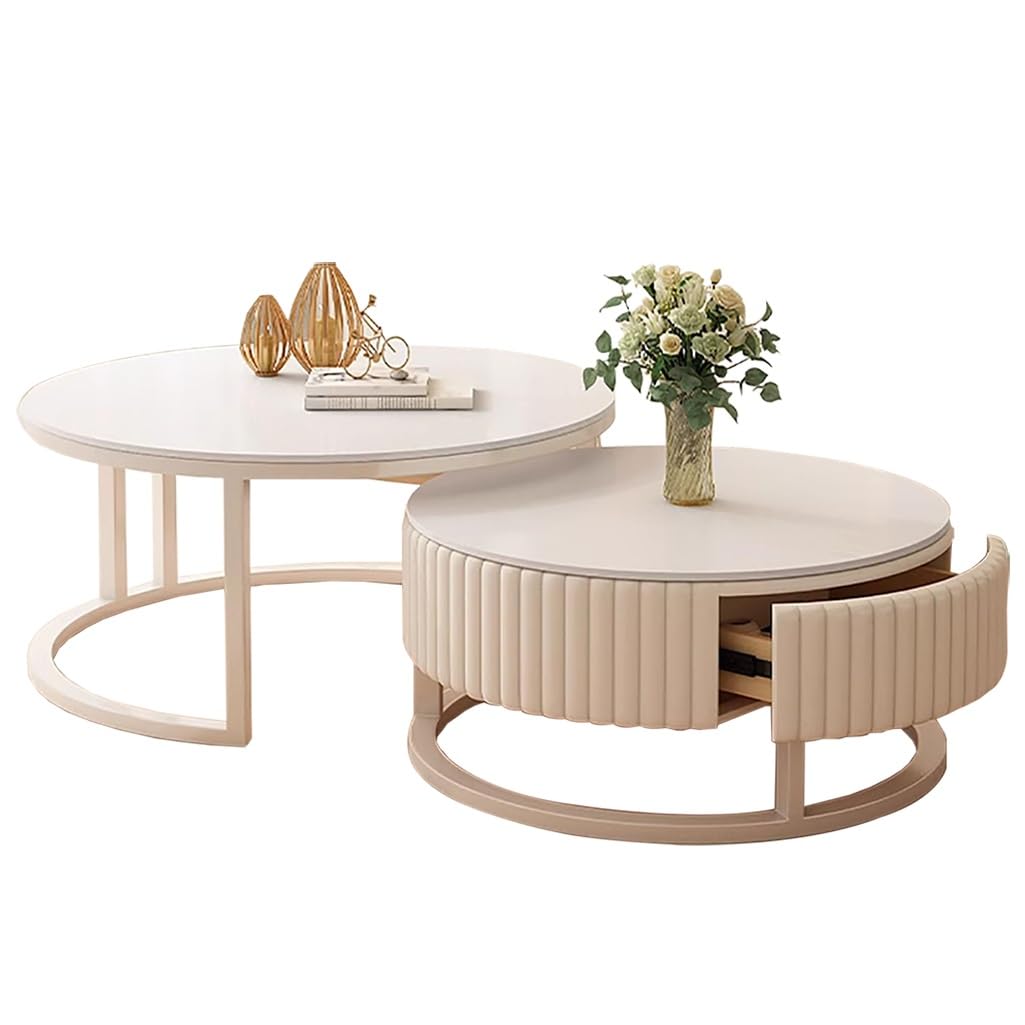 Runder Couchtisch Weiß 2er Set Wohnzimmertisch Rund Für Wohnzimmer, Metallgestell+8mm Verdickte Felsplatte (70cm+50cm)