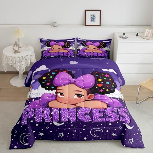 Cute Princess Girl Bedding Set Twin Size,Moon Starry Sky Night Print Kids Comforter Set,African Style Americans Down Comforter for Girls Women,Cartoon Glitter Purple Duvet Insert Teens Room Decor