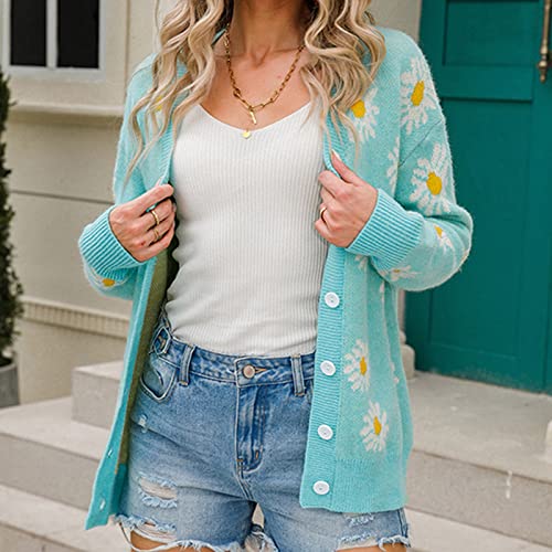 Women Y2K Floral Print Knit Cardigan Sweater Teen Girls Cute Daisy Print Y2K Top Long Sleeve V Neck Vintage Outerwear4