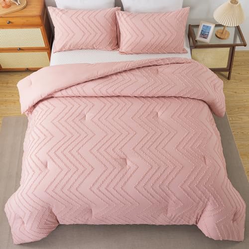 Image of Andency Pink Comforter Set King, Boho Cute Girls Women Soft Fluffy Warm Lightweight Bedding Comforter Sets for King Bed, 3 Pieces Chevron Tufted Aesthetic Microfiber Comforter Set