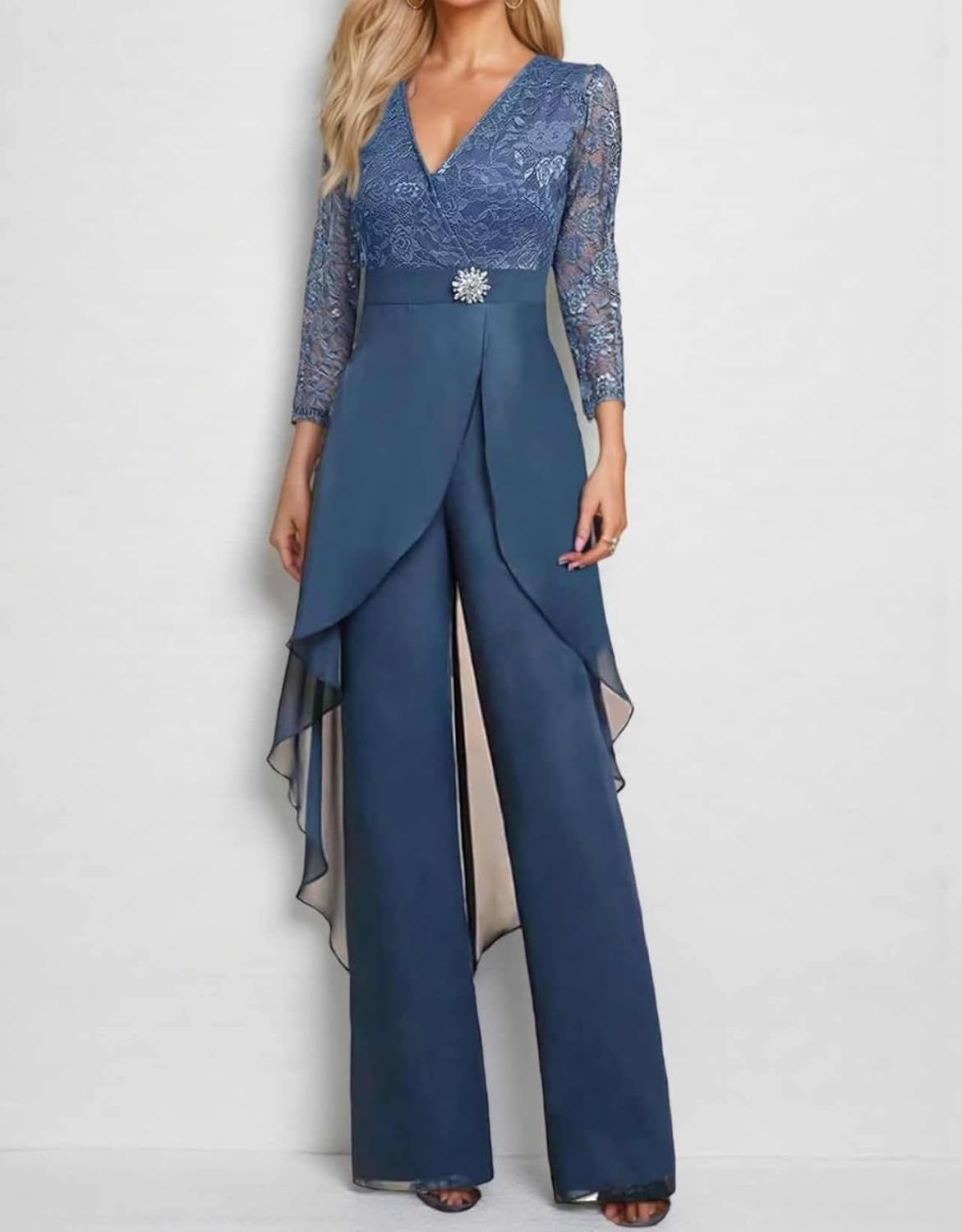 Chiffon Mother of The Bride Pant Suits Dressy V Neck Lace Beaded Wedding Guest Jumpsuit for Women