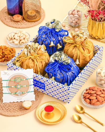 Image of Hyperfoods Rakhi for Brother with Dry Fruits Rawfruit's Handcrafted Potli Blue And Red with Thali Roli & Chawal Rakhi Gift Hamper for Brother Pack of 4 Cashew Almond Pistachios Raisins 495gm With Set of 3 Meena Rakhi