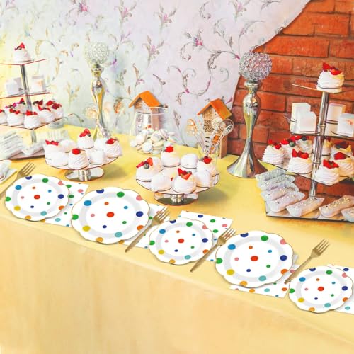 Image of 96 Pcs Colorful Birthday Plates and Napkins Colorful Polka Dots Party Supplies Rainbow Dots Tableware Table Decorations Confetti Plates Napkins Rainbow Party Favor for Baby Shower Wedding 24 Guests