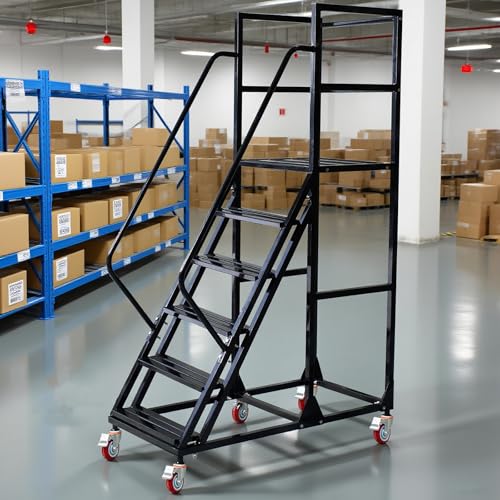 Image of 6 Step Rolling Ladder - Mobile Rolling Stairs with Wheels, Heavy Duty Industrial Safety Non-Slip Metal Rolling Ladders, 1100lbs Capacity, for Warehouse, Garage, Supermarket