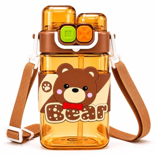 Image of Toy Imagine Cute Bear Water Bottle for Kids(550ml) BPA-Free Leak-Proof Sipper Bottle with Straw, Dual Drinking Lid, Carry Strap & Handle, Cute Cartoon Water Bottle for School, Travel & Outdoor Activities (Brown)
