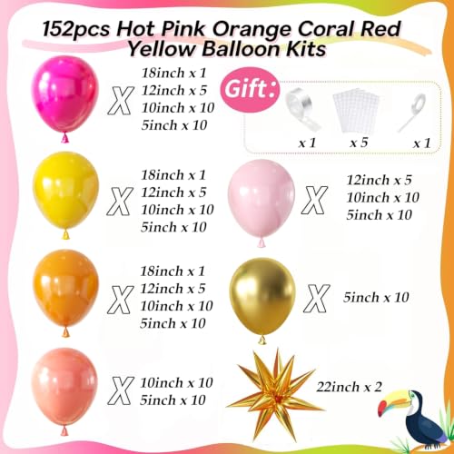 Image of 152Pcs Tropical Balloon Arch Garland Kit, Sunset Hot Pink Orange Coral Red Yellow Metallic Gold with Foil Star Balloons for Hawaiian Luau Birthday Graduation Party Decorations
