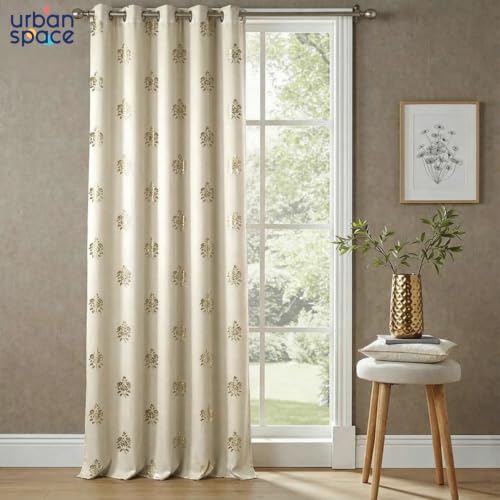 Image of Urban Space 100% True Blackout Curtains for Window, Gold Foil Printed Blackout Curtains, Blackout Decorative Window Curtain Eyelet with Tieback, 1 Piece Curtain for Living Room (Avni Beige, 5 Feet)