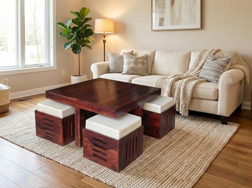 Image of Soild Sheesham Wood Centre Coffee Table with 4 Stools for Living Room Hall Bedroom Office|Wooden Center Coffee Table for Outdoor Garden Home | (Mahogany Finish)