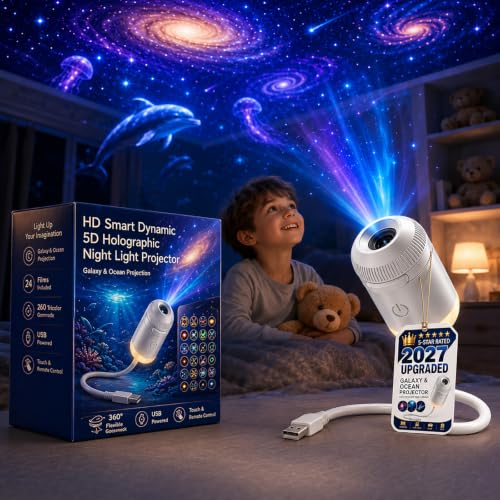 2027 New Hd Smart Dynamic 5d Holographic Night Light Projector 2-in-1 Galaxy Star and Ocean Projector with 24 Films 360 Rotating USB Powered Ceiling Light for Bedroom(Starry Sky with 24 Films)