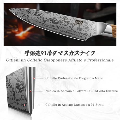 SHAN ZU Coltelli da Cucina Damasco 91 Strati, Coltello da Chef a Giapponese in Acciaio in Polvere SG2, Professionali Coltello Multiuso 20 cm Forgiato a Mano Acciaio Damascato con Manico in Acero - immagine 6