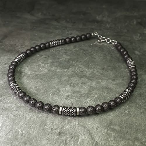 Collier Homme perles 8mm pierre naturelle Lave Volcanique noir rondelles Hématite métal INOX Style antique Fait main en France (45-50 cm expédié Amazon)