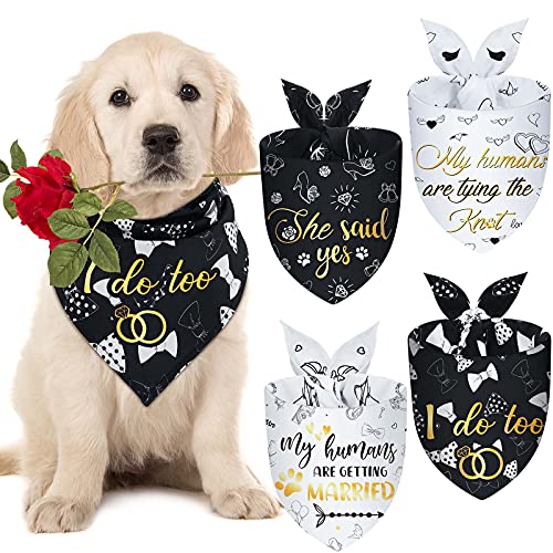 dog wedding accesories - Frienda 4 Pieces Wedding Dog Bandana My Humans are Getting Married Pet Bandana She Said Yes Dog Scarf Dog Engagement Announcement Pet Wedding Photo Prop for Dogs and Cats