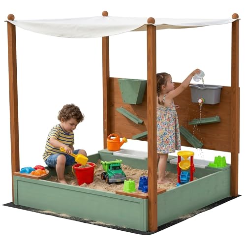 AIYAPLAY Arenero para Niños de Madera con Techo, Arenero Infantil con 2 Asientos, 2 Cajas, Grifo, Embudo, Caja de Arena para Niños de 3-6 Años, para Patio, Jardín, Balcón, 116x112,5x128 cm, Verde