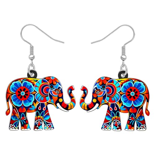 BONSNY Colorful Acrylic Elephant Dangle Earrings Bohemian Tribal Floral Design Boho Jewelry Gifts for Women Funny Novelty Hypoallergenic Spring Summer Gifts Accessories (Colorful)
