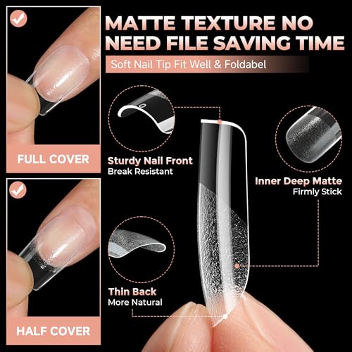 Image of UNA GELLA Short Square Nail Tips Pre-buff Half Matte Gel Nails Tips 120Pcs | Soft Gel Nail Tips Short Square Clear Full Cover Fake Acrylic Nails for Nail Extensions DIY Home Salon 12 Sizes for Women